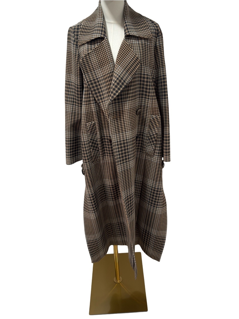 Uterque Plaid Longline Trench Coat in Brown and Tan